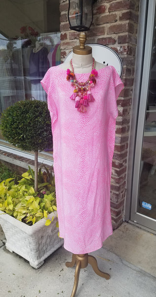 caftan dress long bateau neck pink animal print resort wear one of a kind