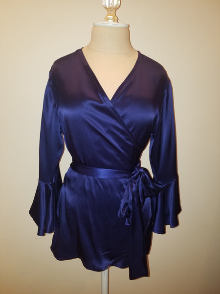 Navy wrap top with sleeve and ruffle. silk charmeuse. 100 solid colors. Classic elegant fit