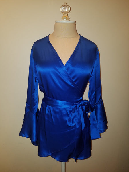 Kelly Blue wrap top with sleeve and ruffle. silk charmeuse. 100 solid colors. Classic elegant fit
