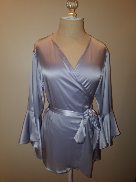 Soft Blue wrap top with sleeve and ruffle. silk charmeuse. 100 solid colors. Classic elegant fit