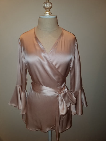 Pink wrap top with sleeve and ruffle. silk charmeuse. 100 solid colors. Classic elegant fit