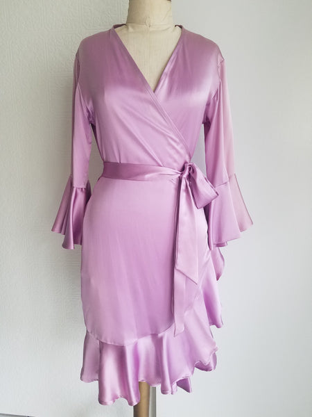 Orchid pink Wrap dress with sleeve and ruffle. silk charmeuse. available in 100 solid colors. Classic elegant fit