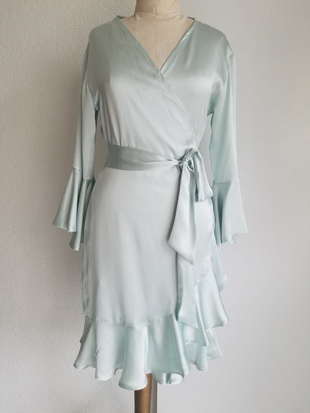 Green sea glass Wrap dress with sleeve and ruffle. silk charmeuse. available in 100 solid colors. Classic elegant fit