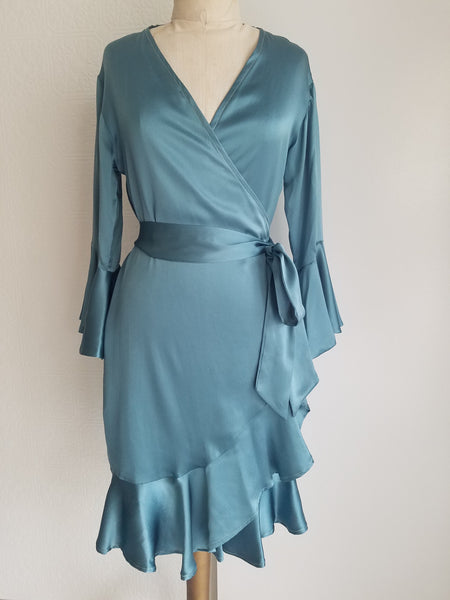 Green Wrap dress with sleeve and ruffle. silk charmeuse. available in 100 solid colors. Classic elegant fit
