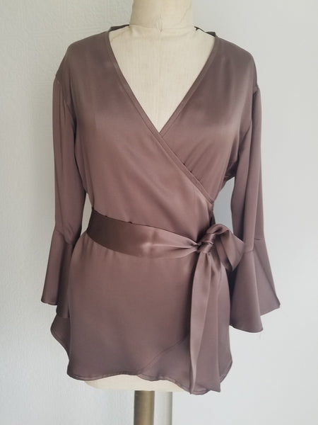 Mocha wrap top with sleeve and ruffle. silk charmeuse. 100 solid colors. Classic elegant fit