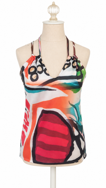 Keyhole Rayon Blend Top - Bold Colorful Art
