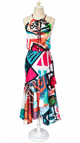 Long Wrap Rayon Blend Skirt - Bold Artsy Print