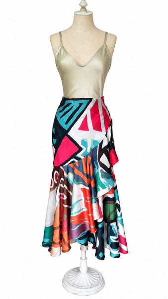 Long Wrap Rayon Blend Skirt - Bold Artsy Print