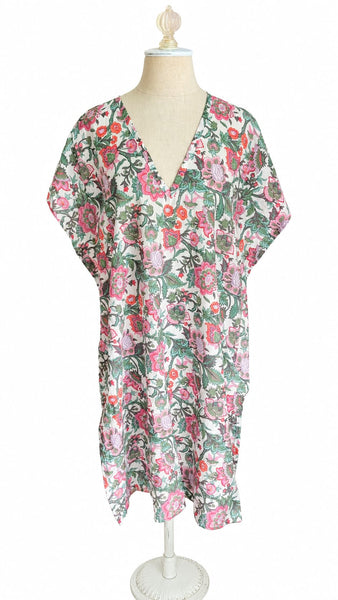 Caftan Cotton Floral - Pink and Green