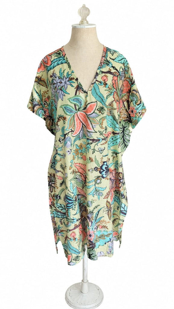 Caftan Cotton Tropical Floral - Chartreuse