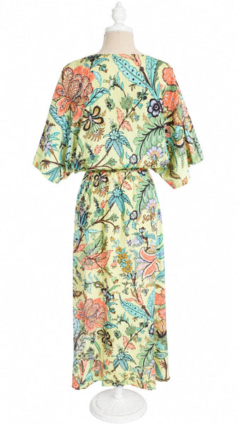 Goddess Dress Cotton Tropical Floral - Chartreuse