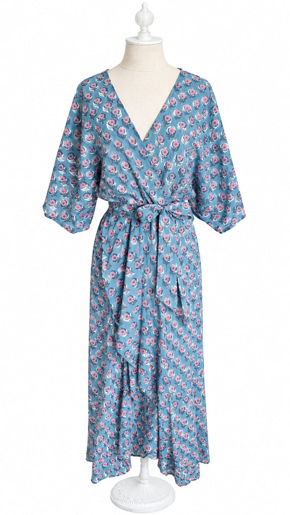 Goddess Dress Cotton Floral - Blue and Pink