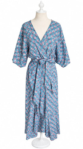Goddess Dress Cotton Floral - Blue and Pink