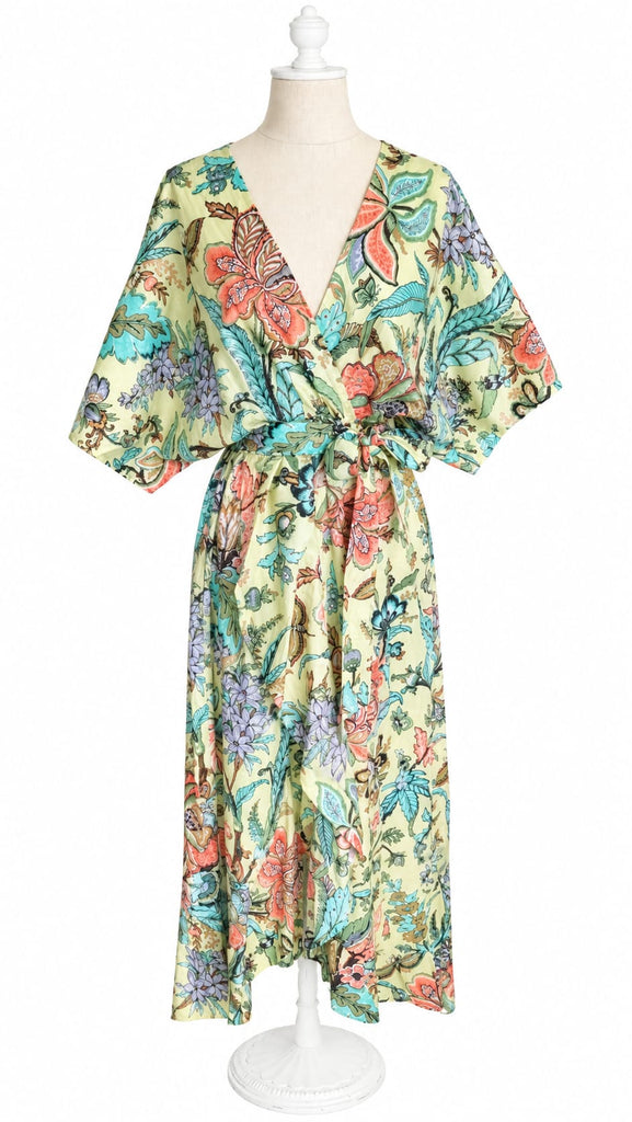 Goddess Dress Cotton Tropical Floral - Chartreuse