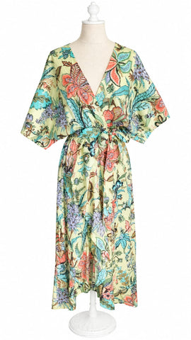 Goddess Dress Cotton Tropical Floral - Chartreuse