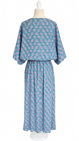 Goddess Dress Cotton Floral - Blue and Pink