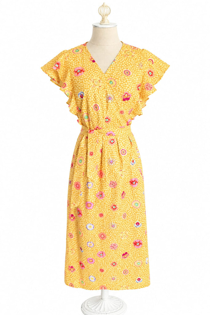 Short Sleeve Cotton Long Wrap Dress - Yellow Marigold