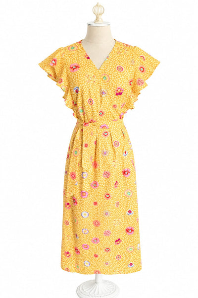 Short Sleeve Cotton Long Wrap Dress - Yellow Marigold