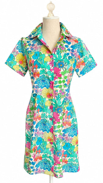 Short Sleeve Cotton Shirt Dress - Garden