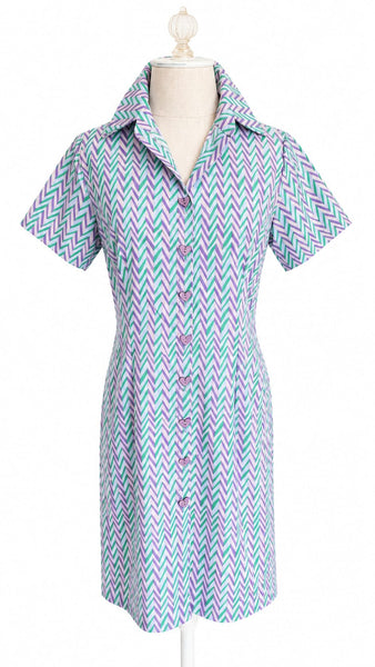 Short Sleeve Cotton Shirt Dress - Lavendar & Green