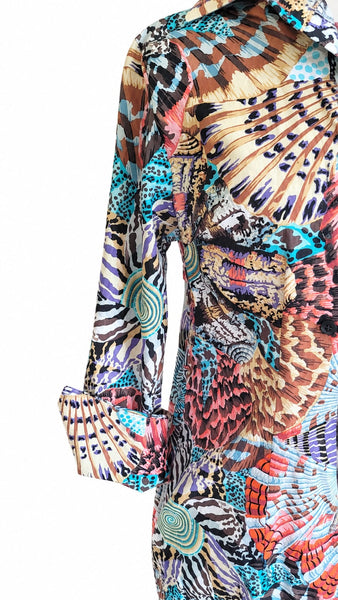 Long Sleeve Cotton Shirt Dress - Multi Color Shell