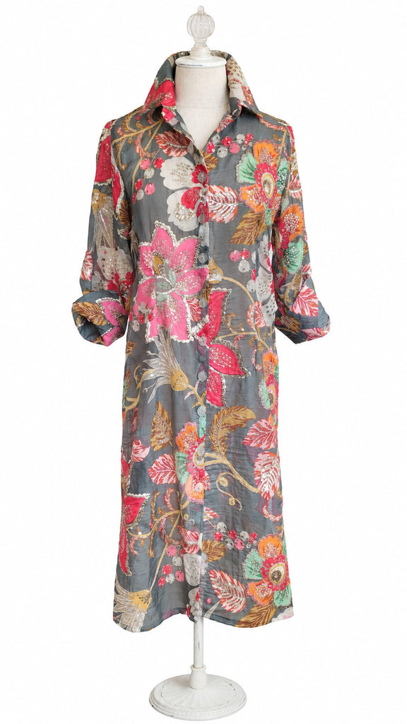 Long Sleeve Silk Shirt Dress - Moss Green Floral
