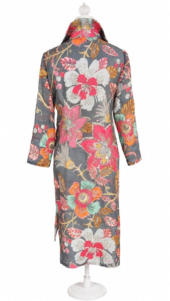Long Sleeve Silk Shirt Dress - Moss Green Floral