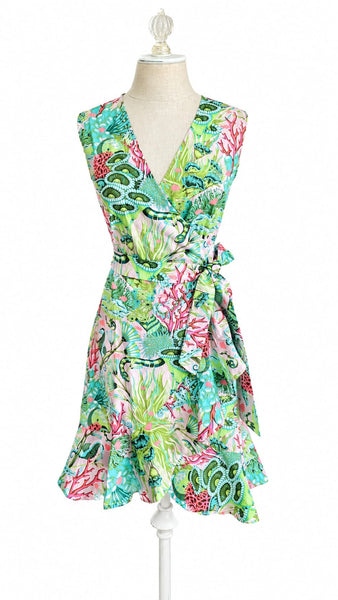 Sleeveless Wrap Cotton Dress - Pink and Green