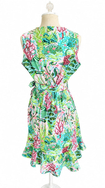 Sleeveless Wrap Cotton Dress - Pink and Green