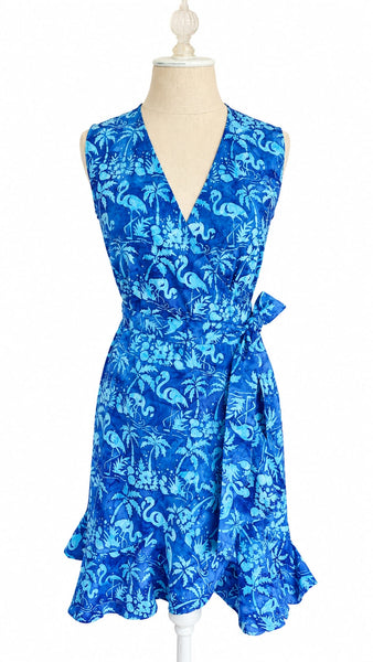 Sleeveless Wrap Cotton Dress - Blue