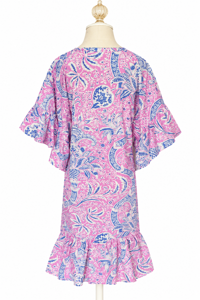 V Neck Cotton Dress - Orchid & Blue
