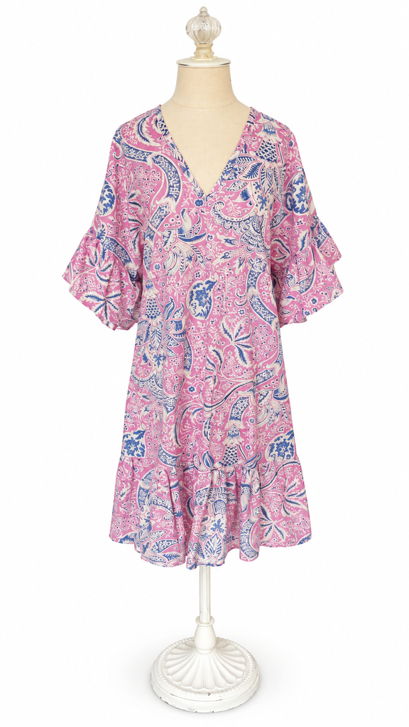 V Neck Cotton Dress - Orchid & Blue