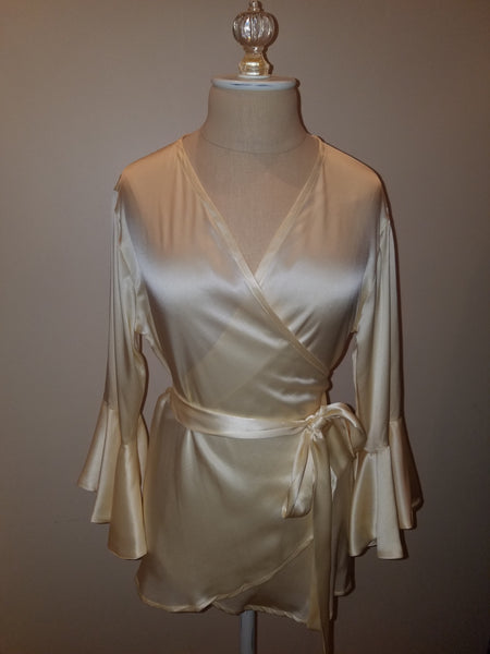 Cream wrap top with sleeve and ruffle. silk charmeuse. 100 solid colors. Classic elegant fit