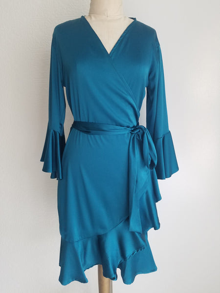 Emerald green Wrap dress with sleeve and ruffle. silk charmeuse. available in 100 solid colors. Classic elegant fit