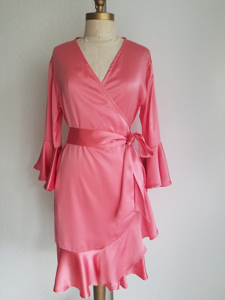 Coral Wrap dress with sleeve and ruffle. silk charmeuse. available in 100 solid colors. Classic elegant fit