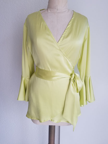 Yellow wrap top with sleeve and ruffle. silk charmeuse. 100 solid colors. Classic elegant fit