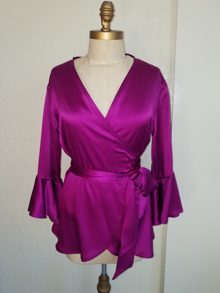Silk Wrap top with sleeves and ruffle