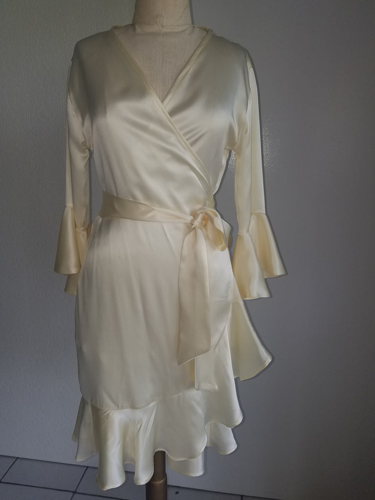 Silk Wrap dress with Sleeve and ruffle Caryna Nina Haute Couture Designer Silk Wrap dress with Sleeve and ruffle Caryna Nina Haute Couture Designer
